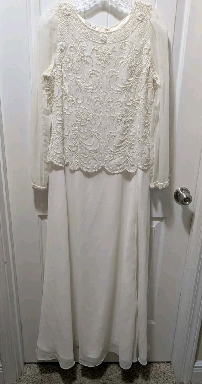 Vintage JKARA Beaded Ivory Lace Beaded Top & Layered Bottom Dress Women's 10